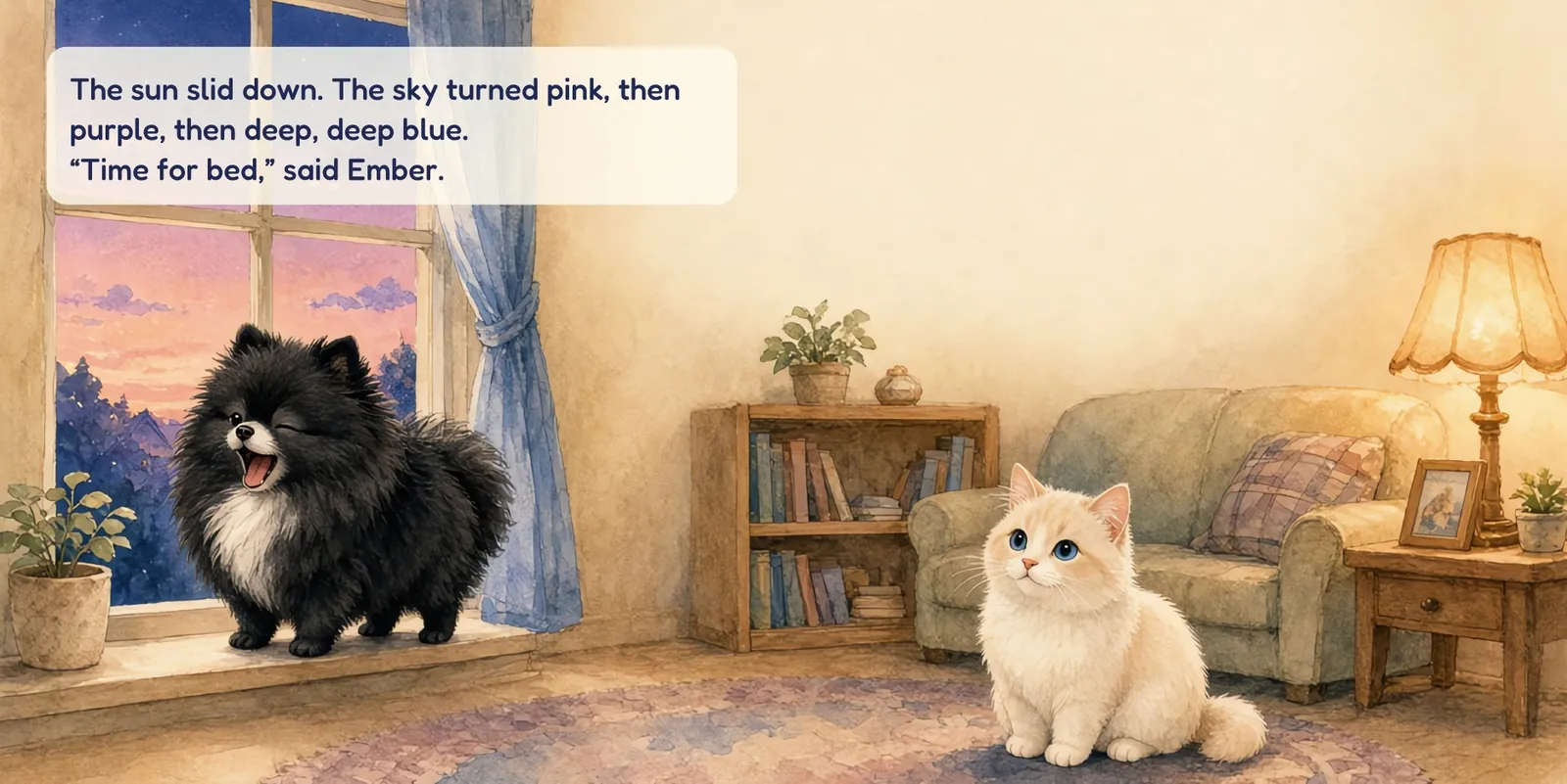 Book spread: at sunset Ember the black Pomeranian yawns by the window while Saru the white kitten sits on the rug. Text: The sun slid down. The sky turned pink, then purple, then deep, deep blue. “Time for bed,” said Ember.
