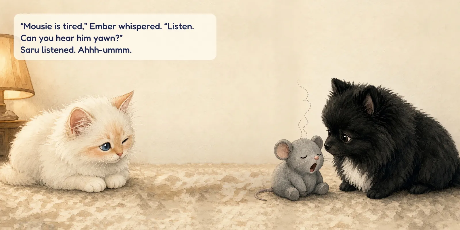 Book spread: Ember leans in to a yawning toy mouse while Saru listens. Text: “Mousie is tired,” Ember whispered. “Listen. Can you hear him yawn?” Saru listened. Ahhh-ummm.